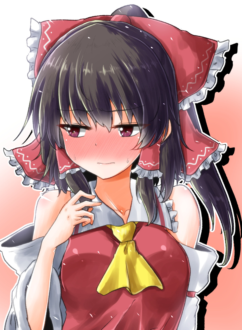 1girl ascot bangs bare_shoulders black_hair blush bow breasts collarbone commentary_request detached_sleeves eyebrows_visible_through_hair frilled_bow frilled_shirt_collar frills gradient gradient_background hair_between_eyes hair_bow hair_tubes hakurei_reimu highres long_hair long_sleeves medium_breasts nose_blush oshiaki outline pink_background red_bow sidelocks silhouette solo sweat touhou upper_body violet_eyes white_background white_outline wide_sleeves yellow_neckwear