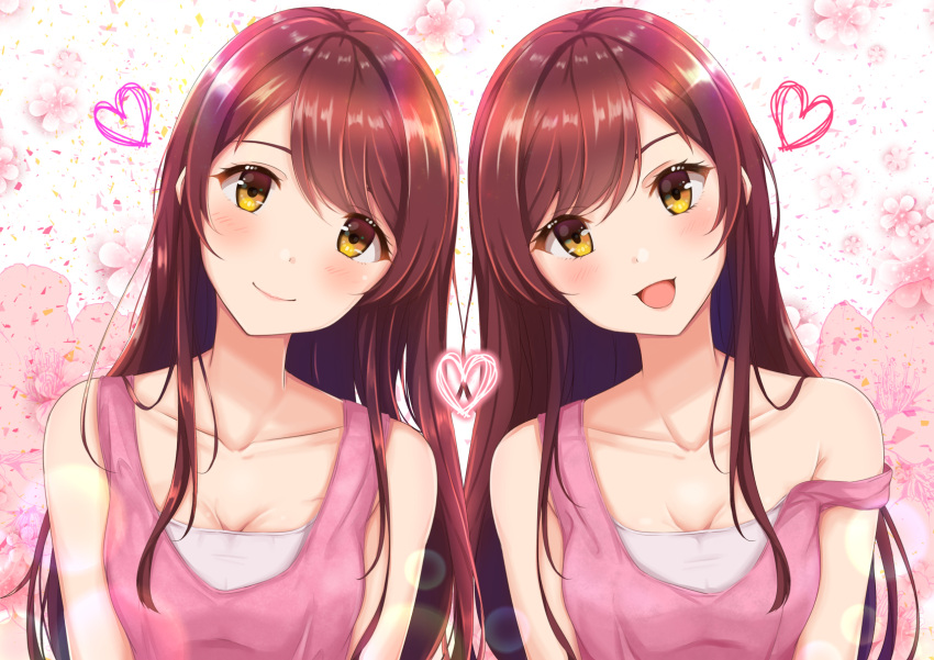 :d bangs bare_shoulders blush breasts cleavage closed_mouth collarbone commentary_request floral_background flower head_tilt heart highres idolmaster idolmaster_shiny_colors long_hair looking_at_viewer low_neckline medium_breasts oosaki_amana oosaki_tenka open_mouth pink_flower redhead siblings single_sidelock sisters smile strap_slip swept_bangs tank_top tareme twins upper_body yellow_eyes yuzuyu_(hyui)