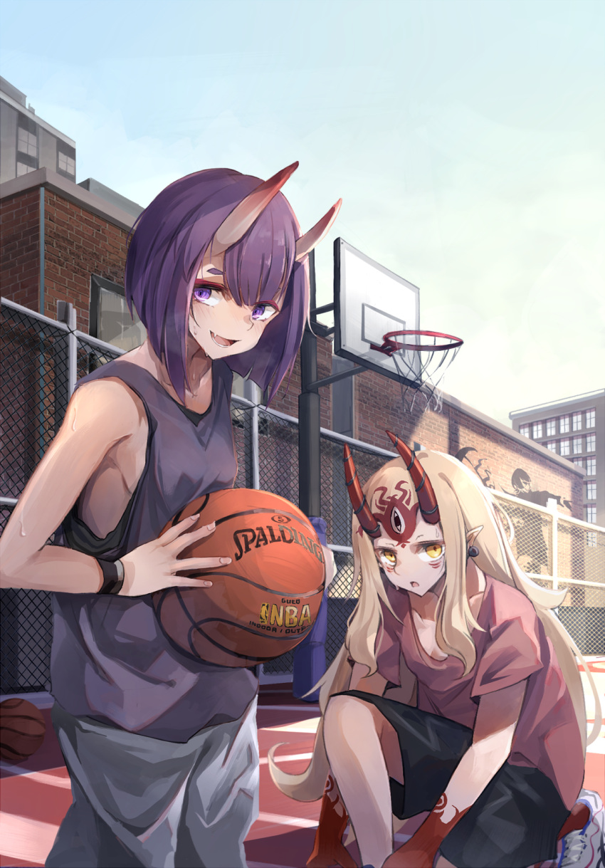 adjusting_clothes adjusting_legwear alternate_costume ball bangs basketball basketball_hoop basketball_uniform blonde_hair blush breasts clothes_writing commentary_request day earrings eyebrows_visible_through_hair fang_out fate/grand_order fate_(series) hair_between_eyes highres holding holding_ball horns ibaraki_douji_(fate/grand_order) jewelry long_hair looking_at_viewer loose_clothes loose_shirt miyabino_(miyabi1616) multiple_girls national_basketball_association oni oni_horns open_mouth outdoors pointy_ears purple_hair shirt shoes short_hair shorts shuten_douji_(onmyoji) sideboob small_breasts smile sneakers sportswear standing sweat violet_eyes wristband yellow_eyes