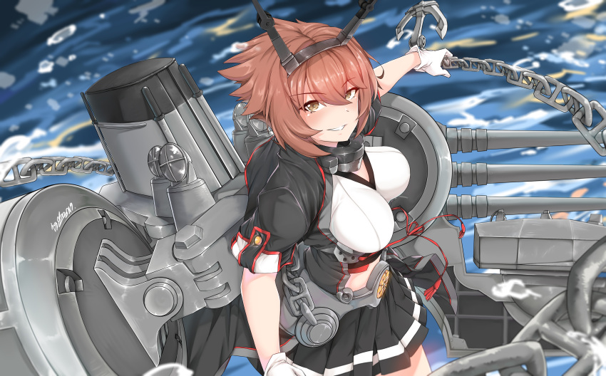 1girl absurdres anchor breasts brown_eyes brown_hair chains closed_mouth gloves hairband highres kantai_collection large_breasts looking_at_viewer machinery miniskirt mutsu_(kantai_collection) radio_antenna remodel_(kantai_collection) short_hair short_sleeves skirt smile solo turret water white_gloves zuoteng_lucha