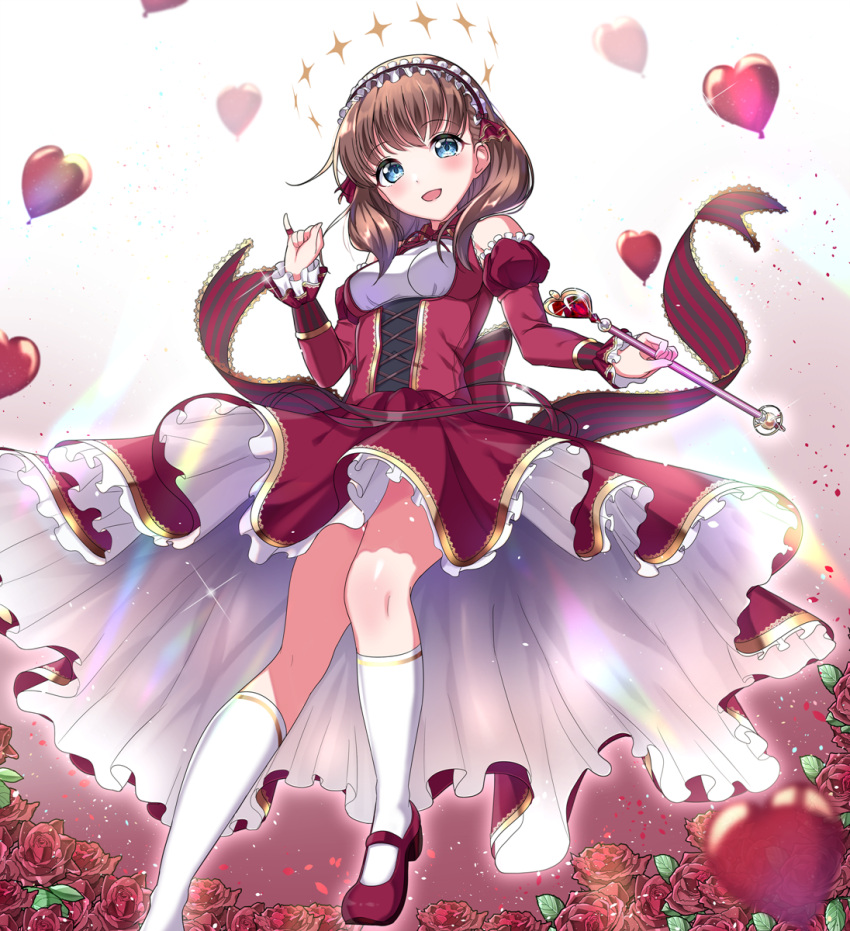1girl :d back_bow balloon bangs bare_shoulders black_hairband blue_eyes blush bow breasts brown_hair commentary_request detached_sleeves dress eyebrows_visible_through_hair fingernails flower frilled_hairband frills hairband head_tilt heart heart_balloon high_heels highres holding holding_wand idolmaster idolmaster_cinderella_girls juliet_sleeves kneehighs long_hair long_sleeves looking_at_viewer mary_janes medium_breasts open_mouth pinky_out pleated_dress puffy_sleeves red_bow red_dress red_flower red_footwear red_rose red_sleeves rose sakuma_mayu shoes sleeveless sleeveless_dress sleeves_past_wrists smile solo striped striped_bow sutoroa wand white_legwear
