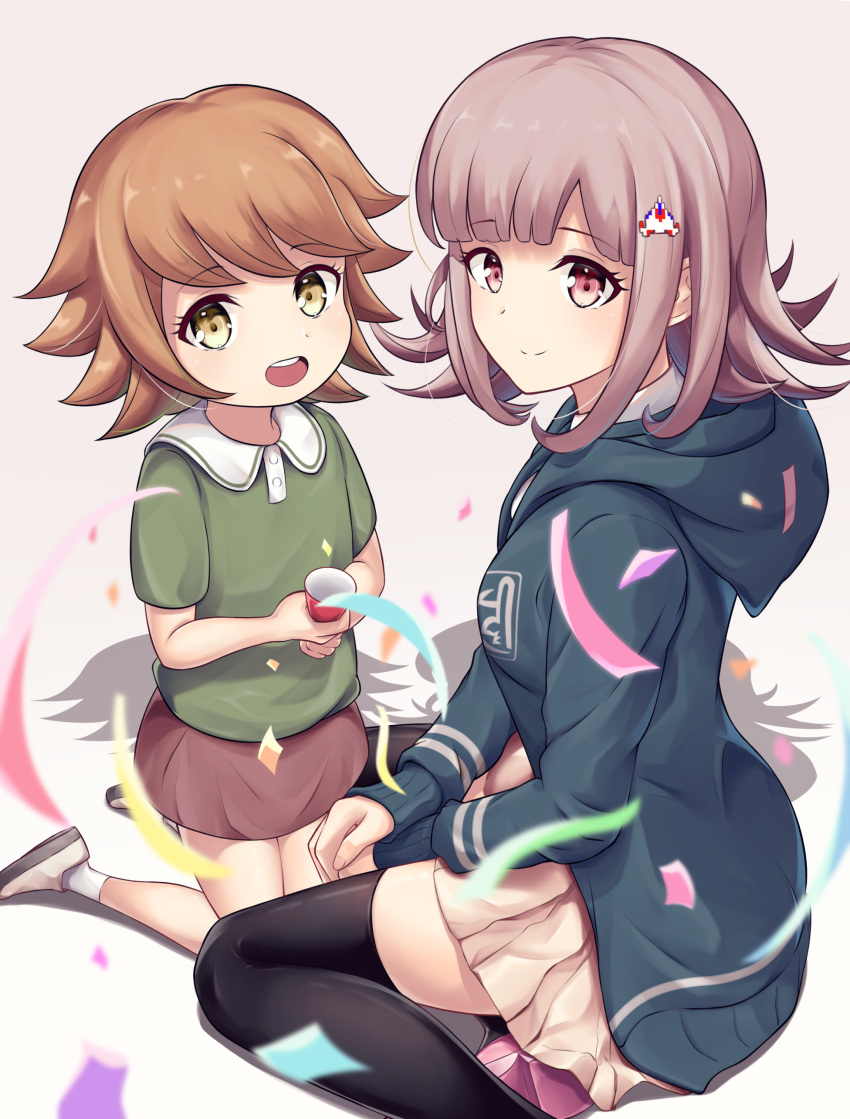 1boy 1girl absurdres age_difference beige_skirt black_jacket black_legwear breasts brown_eyes brown_hair child commentary_request crossdressinging dangan_ronpa dangan_ronpa_1 dot_nose eyebrows_visible_through_hair flipped_hair fujisaki_chihiro green_shirt hair_ornament hairclip happy highres holding hood hooded_jacket jacket light_brown_hair looking_at_viewer medium_breasts nanami_chiaki pink_eyes pleated_skirt shirt shoes short_hair simple_background skirt smile socks super_dangan_ronpa_2 thigh-highs upper_teeth white_background white_footwear white_legwear y3010607