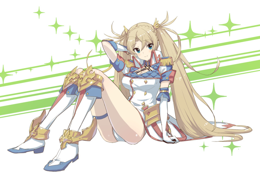 1girl arm_support arm_up blonde_hair blue_eyes boots bradamante_(fate/grand_order) braid breasts cleavage closed_mouth crown_braid elbow_gloves epaulettes eyebrows_visible_through_hair fate/grand_order fate_(series) full_body gloves green322 hair_between_eyes hair_ornament knee_boots large_breasts leotard long_hair looking_at_viewer short_sleeves sitting smile solo thigh_strap twintails very_long_hair white_footwear white_gloves white_leotard