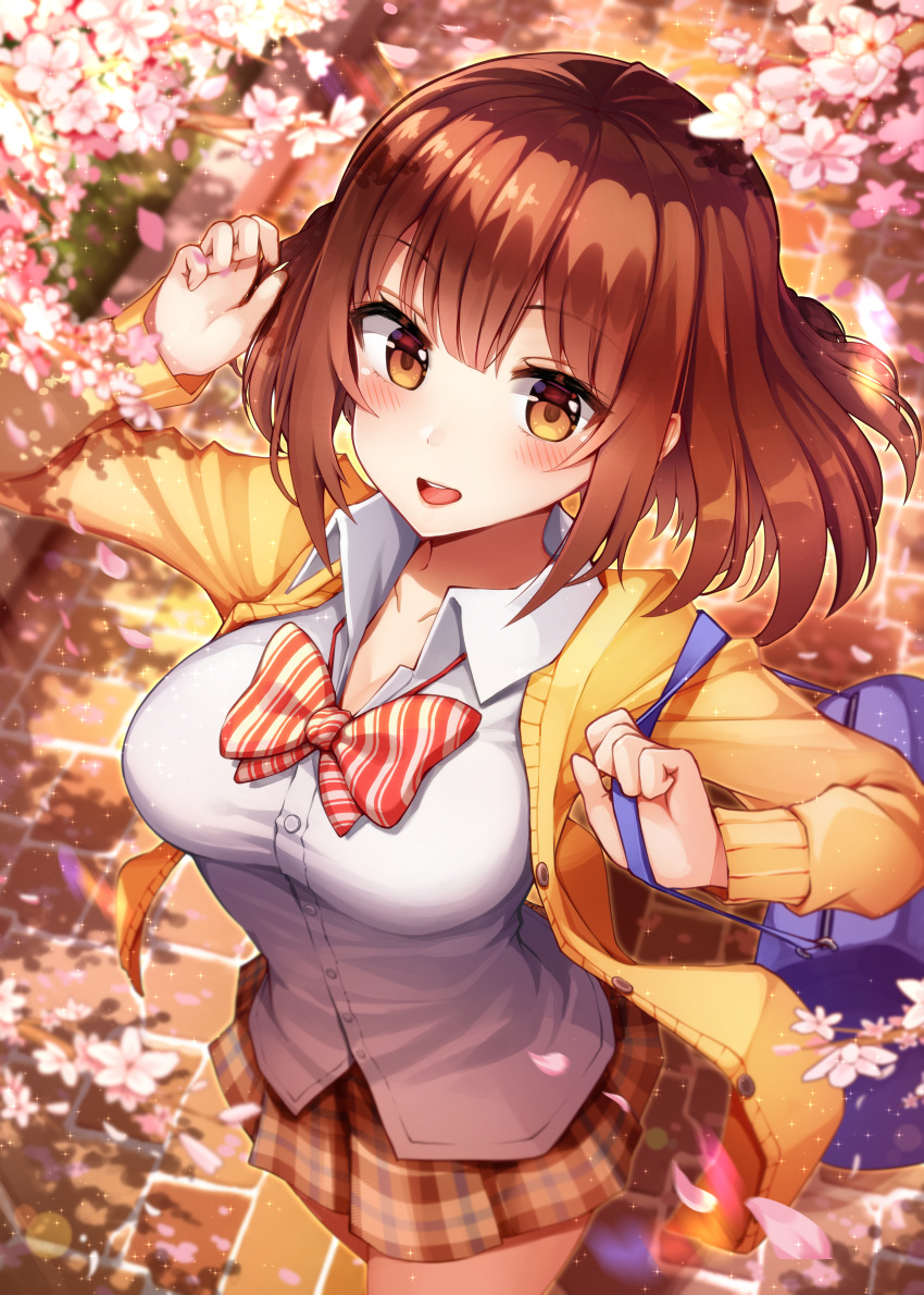 1girl :d absurdres arm_up bag bangs blush bow bowtie breasts brown_eyes brown_hair brown_skirt cardigan cherry_blossoms cleavage collarbone collared_shirt commentary day dress_shirt english_commentary eyebrows_visible_through_hair from_above gui_ss hair_between_eyes highres huge_filesize long_sleeves looking_at_viewer loose_bowtie medium_breasts medium_hair moe2019 open_cardigan open_clothes open_mouth original outdoors plaid plaid_skirt pleated_skirt red_neckwear school_bag school_uniform shiny shiny_hair shirt skirt smile solo standing striped striped_neckwear sunlight tree_shade wing_collar yellow_cardigan