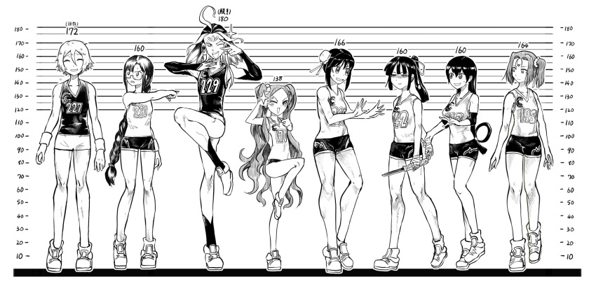 1boy 1other 6+girls ahoge bandage braid consort_yu_(fate) country_connection dagger double_bun elbow_pads facial_scar fate/grand_order fate_(series) gao_changgong_(fate) glasses greyscale hair_over_one_eye hair_rings height_chart highres jing_ke_(fate/grand_order) knee_pads monochrome multiple_girls nezha_(fate/grand_order) one_eye_closed ponytail pose qin_liangyu_(fate) qin_shi_huang_(fate/grand_order) scar shorts sportswear teke-emon tongue tongue_out twintails v_over_eye volleyball_uniform weapon wu_zetian_(fate/grand_order) xuanzang_(fate/grand_order)