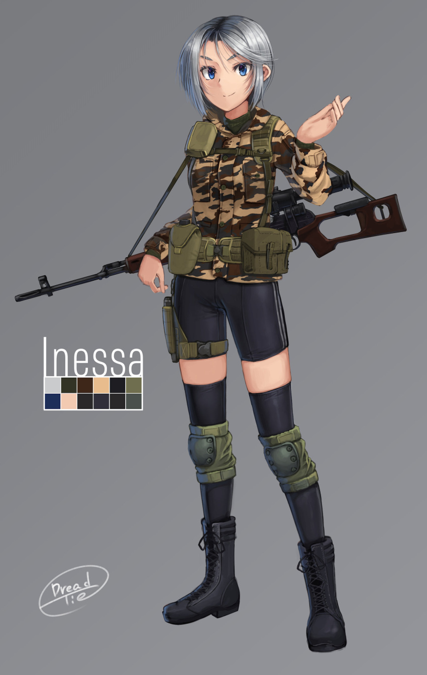 1girl absurdres bike_shorts blue_eyes boots camouflage canteen color_guide commentary dragunov_svd dreadtie full_body gun highres holster holstered_weapon knee_pads load_bearing_equipment original pouch rifle short_hair signature silver_hair simple_background sniper_rifle solo thigh-highs thigh_holster weapon