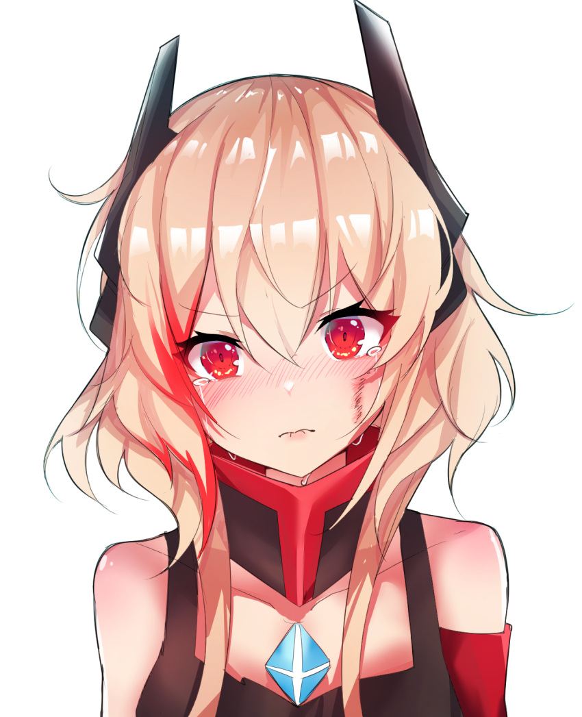 1girl bangs bare_shoulders black_dress blonde_hair blush bruise collarbone commentary crying crying_with_eyes_open detached_sleeves dress eyebrows_visible_through_hair girls_frontline hair_between_eyes head_tilt headgear highres injury long_hair m4_sopmod_ii m4_sopmod_ii_(girls_frontline) meow_nyang multicolored_hair nose_blush red_eyes redhead romaji_commentary sidelocks simple_background sleeveless sleeveless_dress solo streaked_hair tears upper_body white_background