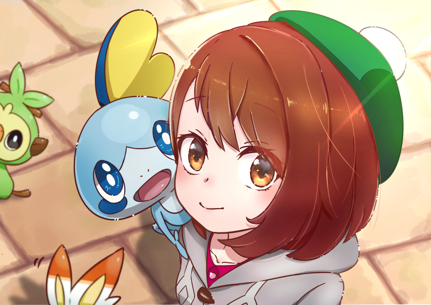 1girl absurdres bangs blue_eyes blush brown_eyes brown_hair cardigan closed_mouth commentary_request creatures_(company) eyebrows eyebrows_visible_through_hair eyes_visible_through_hair female_protagonist_(pokemon_swsh) game_freak gen_8_pokemon green_hat grookey hair_between_eyes hat highres koka12312 looking_at_viewer nintendo open_mouth outdoors pokemon pokemon_(creature) pokemon_(game) pokemon_swsh scorbunny shirt short_hair smile sobble standing tam_o'_shanter