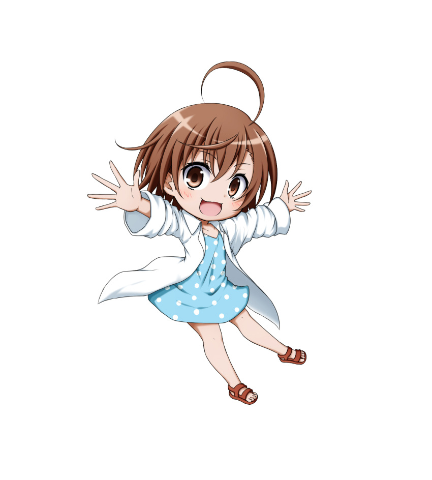 1girl :d ahoge bangs blue_dress blush brown_eyes brown_footwear brown_hair chibi collarbone collared_jacket dress eyebrows_visible_through_hair hair_between_eyes highres jacket kuena last_order long_sleeves looking_at_viewer open_clothes open_jacket open_mouth outstretched_arms polka_dot polka_dot_dress sandals smile solo spread_arms to_aru_majutsu_no_index white_jacket