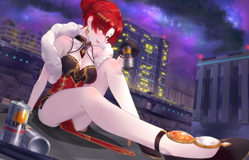 1girl alcohol alternate_costume bangs bare_legs bare_shoulders beer black_gloves blush breasts can china_dress chinese_clothes cityscape cleavage cleavage_cutout closed_mouth dress earrings feather_boa gloves gold hair_bun high_heels holding holding_can honkai_(series) honkai_impact_3 jewelry kfr knee_up large_breasts long_hair looking_at_viewer mole mole_on_breast murata_himeko night parted_bangs red_dress redhead sidelocks sitting sky smile solo star_(sky) starry_sky thighs yellow_eyes