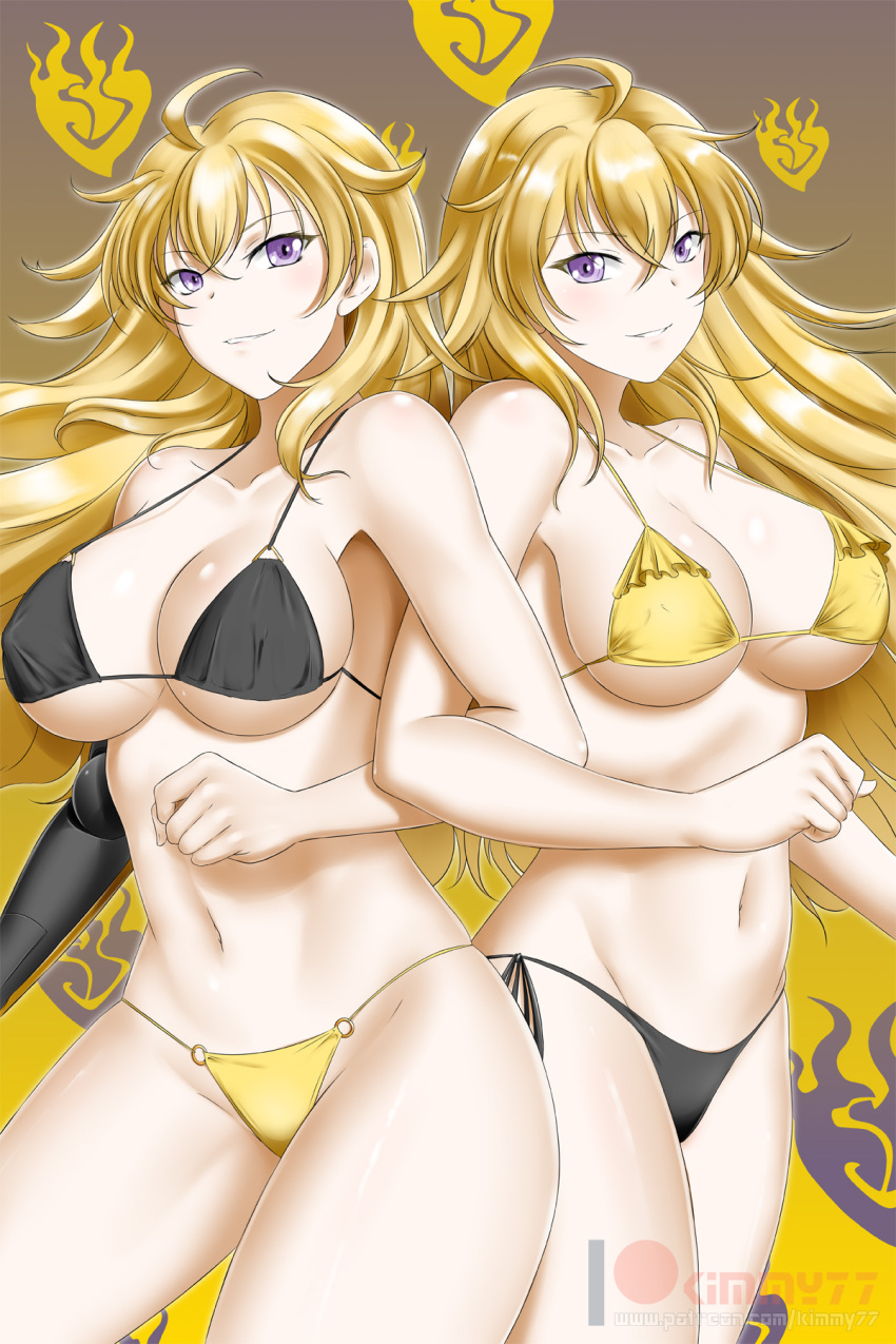 2girls ahoge alfred_cullado black_bra blonde_hair blush bra breasts eyebrows_visible_through_hair hair_between_eyes highres large_breasts long_hair multiple_girls panties prosthesis prosthetic_arm rwby smile underwear violet_eyes wavy_hair yang_xiao_long yellow_panties