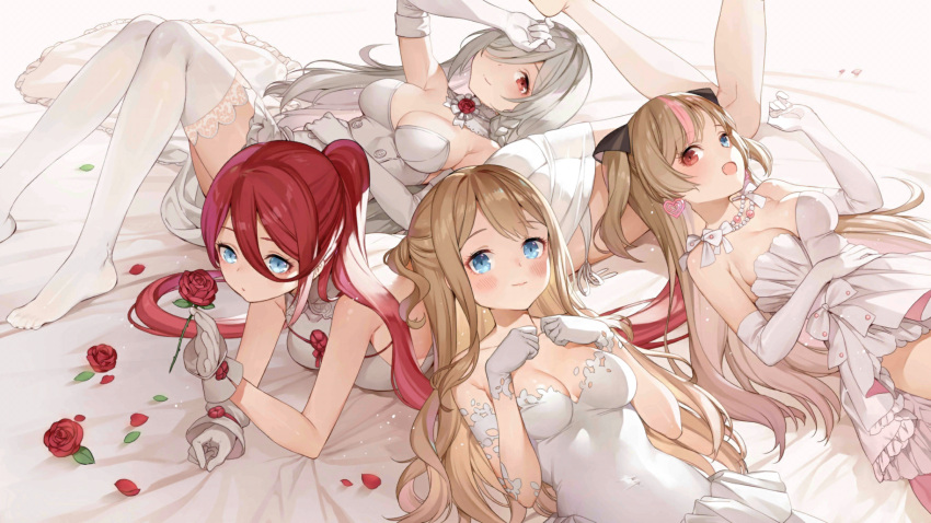 4girls absurdres alternate_costume alternate_hairstyle animal_ears artist_request blue_eyes breasts brown_hair cat_ears cleavage dress elbow_gloves g36c_(girls_frontline) girls_frontline gloves half_gloves heterochromia highres lace lace_gloves large_breasts long_hair lying medium_breasts mk23_(girls_frontline) multiple_girls official_art on_back on_side ponytail red_eyes redhead strapless strapless_dress suomi_kp31_(girls_frontline) t-5000_(girls_frontline) thigh-highs wedding_dress white_dress white_hair