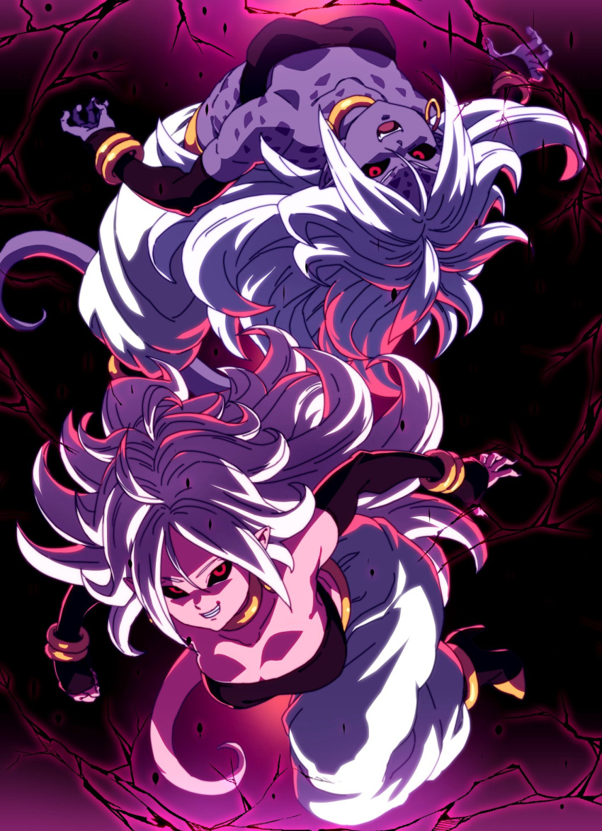 2girls ahoge android_21 android_21_(evil) black_footwear black_nails black_sclera bracelet dragon_ball dragon_ball_fighterz dragonball_z dual_persona fangs gradient gradient_background hair_between_eyes highres jewelry lightning long_hair majin_android_21 monster_girl multiple_girls nail_polish open_mouth parted_lips pink_skin pointy_ears puffy_pants purple_skin red_eyes smile tail tasaka_shinnosuke white_hair white_legwear