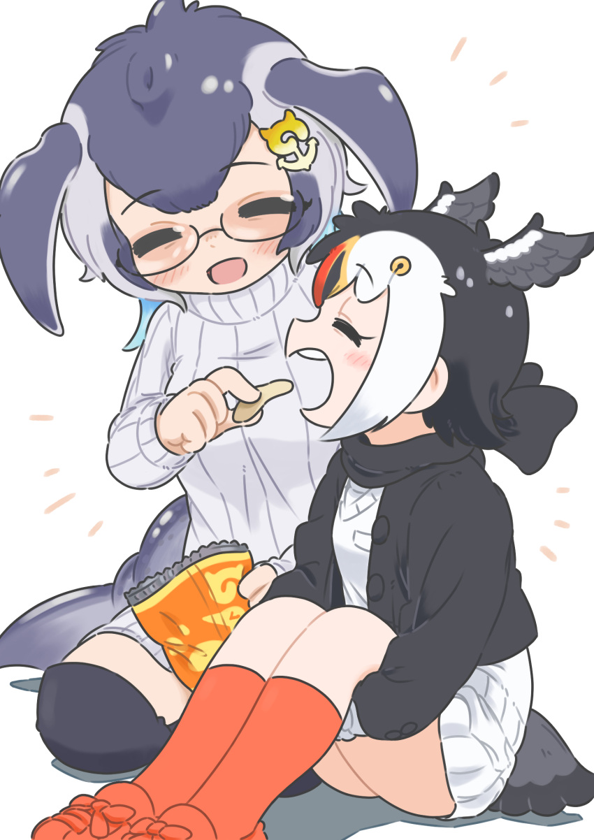 2girls ^_^ anchor_hair_ornament appleq atlantic_puffin_(kemono_friends) bangs bird_tail bird_wings black_hair blue_hair blue_whale_(kemono_friends) blush cardigan chips closed_eyes closed_eyes commentary_request eyebrows_visible_through_hair feeding food glasses grey_hair hair_ornament hand_up happy head_fins head_wings highres holding holding_food jacket japari_symbol kemono_friends knees_up leg_hug long_sleeves medium_hair multicolored_hair multiple_girls open_clothes open_mouth orange_hair potato_chips redhead scarf shoes short_hair sidelocks sitting skirt smile socks sweater tail turtleneck turtleneck_sweater upper_teeth whale_tail whale_tail_(animal_tail) white_hair wings