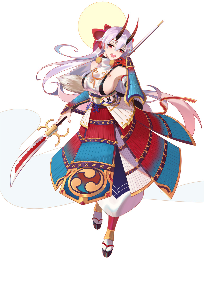 1girl absurdres armor bow breasts dress eyebrows_visible_through_hair fate/grand_order fate_(series) fingerless_gloves full_body gloves hair_between_eyes hair_bow highres horns japanese_armor japanese_clothes kote kusazuri large_breasts long_hair long_sleeves oni oni_horns red_bow red_eyes red_gloves shi_ling_yu sideboob sidelocks silver_hair smile solo tomoe_gozen_(fate/grand_order) very_long_hair white_background white_dress