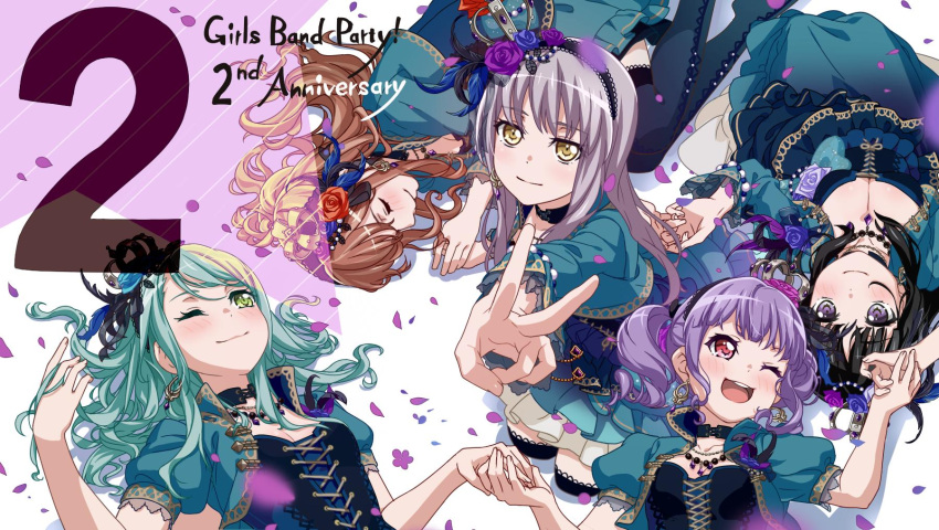2 5girls ;) ;d anniversary aqua_hair aqua_skirt bang_dream! bangs black_choker black_feathers black_hair blue_feathers blue_flower blue_rose blush breasts brown_hair choker cleavage closed_eyes commentary_request copyright_name countdown cross-laced_clothes crown earrings flower green_eyes grey_hair hair_flower hair_ornament hairband half_updo hand_holding hand_in_hair hands_together highres hikawa_sayo imai_lisa jewelry kneeling long_hair looking_at_another looking_at_viewer lying minato_yukina multiple_girls number official_art on_back on_side one_eye_closed open_mouth petals purple_flower purple_hair purple_rose red_flower red_rose rose roselia_(bang_dream!) shirokane_rinko short_sleeves skirt smile udagawa_ako v violet_eyes