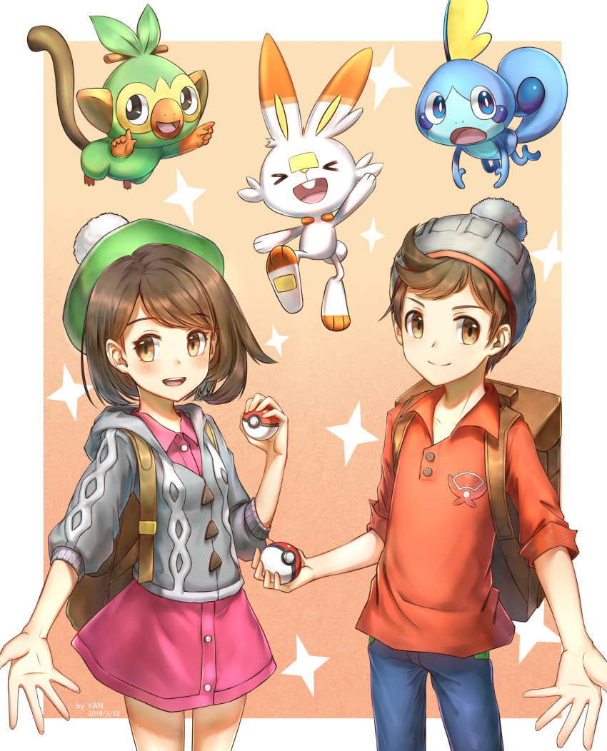 &gt;_&lt; 1boy 1girl 2578221183 :d absurdres backpack bag bangs beanie blue_eyes blush brown_eyes brown_hair cardigan closed_eyes closed_mouth commentary_request cowboy_shot creatures_(company) d: eyebrows eyebrows_visible_through_hair facing_viewer female_protagonist_(pokemon_swsh) game_freak gen_8_pokemon green_hat grookey hair_between_eyes hat highres holding holding_poke_ball long_sleeves looking_at_viewer male_protagonist_(pokemon_swsh) nintendo open_mouth poke_ball poke_ball_(generic) pokemon pokemon_(creature) pokemon_(game) pokemon_swsh red_shirt scorbunny shiny shiny_hair shirt short_hair simple_background smile sobble standing star tam_o'_shanter upper_teeth xd