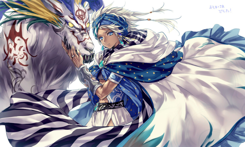 1boy bandanna blue_bandana blue_cape blue_eyes blue_hair body_piercings bracelet cape closed_mouth crop_top deumion dragon earrings final_fantasy final_fantasy_ii gem hood hoodie jewelry looking_at_camera looking_at_viewer mage male_focus midriff monster pixiv ring short_hair silver_hair simple_background standing striped white_background white_cape