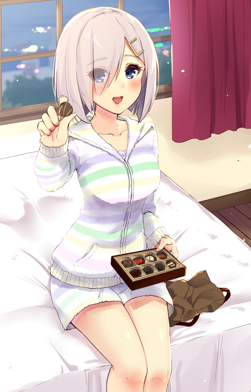 1girl alternate_costume bed bed_sheet blue_eyes blurry blush breasts chocolate collarbone commentary_request curtains depth_of_field eyes_visible_through_hair hair_ornament hair_over_one_eye hairclip hamakaze_(kantai_collection) highres hood hood_down hooded_jacket horizontal_stripes indoors jacket kantai_collection large_breasts long_sleeves looking_at_viewer on_bed open_mouth pink_lips reaching_out sarfata short_hair silver_hair sitting solo_focus striped water window wooden_floor