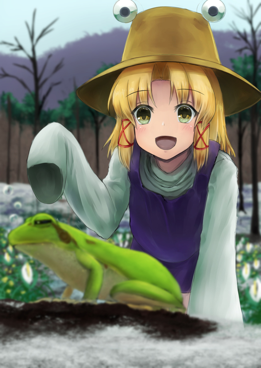 1girl :d arm_up bangs bare_tree bending_forward blonde_hair blue_vest blurry commentary_request day depth_of_field eyebrows_visible_through_hair fence flower frog hair_ribbon hat highres looking_at_viewer luke_(kyeftss) medium_hair moriya_suwako mountain open_mouth outdoors parted_bangs ribbon shirt sidelocks sleeves_past_fingers sleeves_past_wrists smile snow solo standing touhou tree very_long_sleeves vest white_shirt wooden_fence yellow_eyes