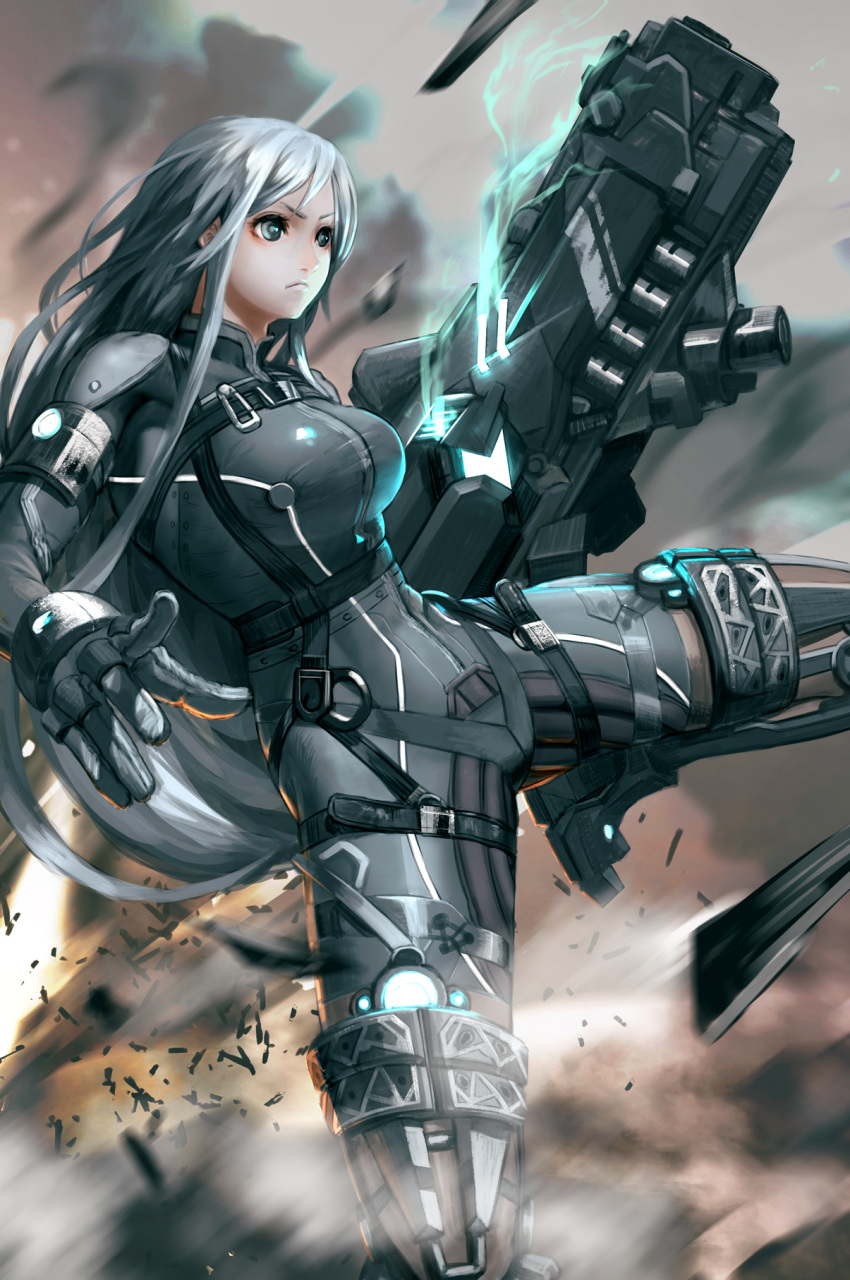 1girl armband blue_eyes bodysuit bracelet breasts closed_mouth debris gloves glowing grey_gloves grey_hair gun highres hiragana_(gomasyabu) holding holding_gun holding_weapon jewelry long_hair original silver_hair skin_tight solo tight turtleneck weapon zipper