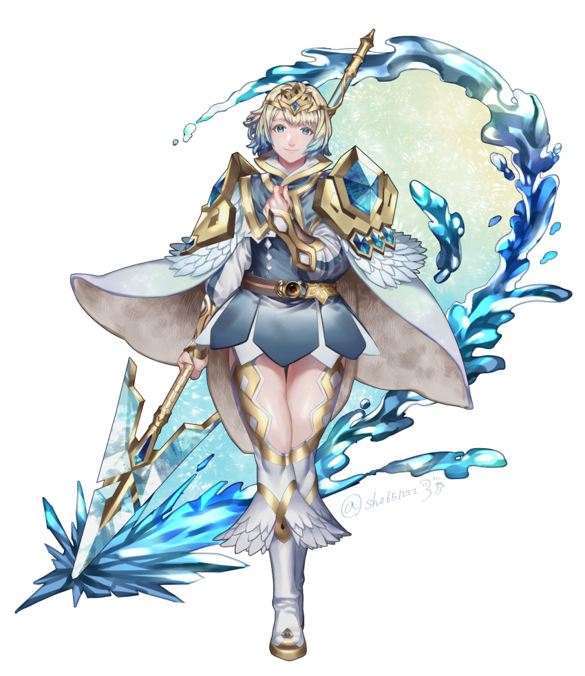 1girl belt blonde_hair blue_eyes blue_hair cape closed_mouth crown dress feather_trim fire_emblem fire_emblem_heroes fjorm_(fire_emblem_heroes) full_body gradient_hair highres holding holding_weapon multicolored_hair nintendo polearm sh06512223 short_dress short_hair simple_background smile solo twitter_username weapon white_background