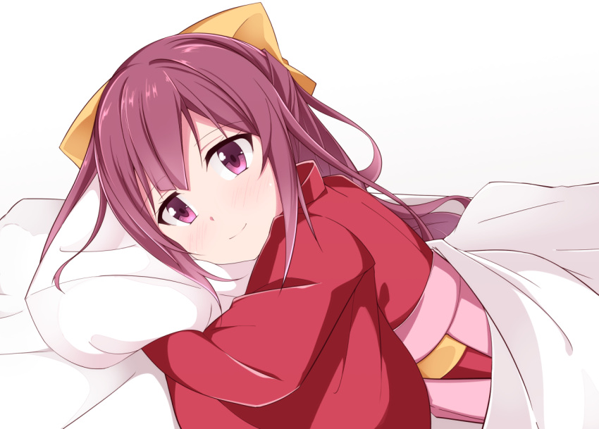 1girl acchii_(akina) bed bed_sheet bow commentary_request cowboy_shot disconnected_mouth hair_bow hakama japanese_clothes kamikaze_(kantai_collection) kantai_collection kimono long_hair looking_at_viewer lying meiji_schoolgirl_uniform on_stomach pillow pink_hakama purple_hair red_kimono smile solo violet_eyes yellow_bow