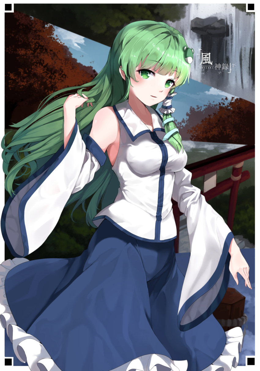 1girl bare_shoulders blue_skirt blush breasts commentary_request detached_sleeves frog_hair_ornament green_eyes green_hair hair_ornament hair_tubes hand_up highres kochiya_sanae long_hair long_skirt looking_at_viewer medium_breasts nontraditional_miko parted_lips shirt skirt sleeveless sleeveless_shirt snake_hair_ornament snozaki solo torii touhou very_long_hair white_shirt wide_sleeves