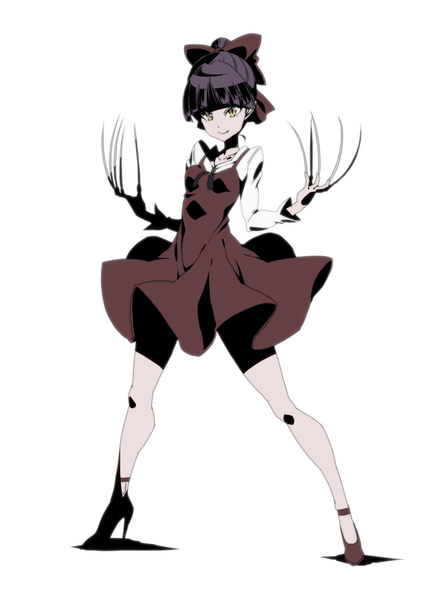 1girl bangs black_bow bow character_request copyright_request eyebrows_visible_through_hair fang fingernails high_heels highres long_fingernails pointy_ears ponytail purple_hair red_bow red_footwear sharp_fingernails short_hair simple_background skirt slit_pupils smile solo standing tasaka_shinnosuke tied_hair white_background yellow_eyes