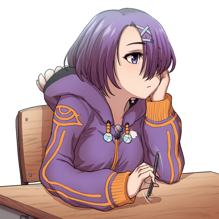 .live 1girl arm_rest bored chiaki_rakutarou desk drawstring elbow_rest expressionless hair_ornament hair_over_one_eye hairclip highres holding holding_pen hood hood_down hooded_coat kiso_azuki long_sleeves looking_to_the_side pen pen_spinning purple_coat purple_hair school_desk short_hair sitting solo thick_eyebrows violet_eyes virtual_youtuber zipper