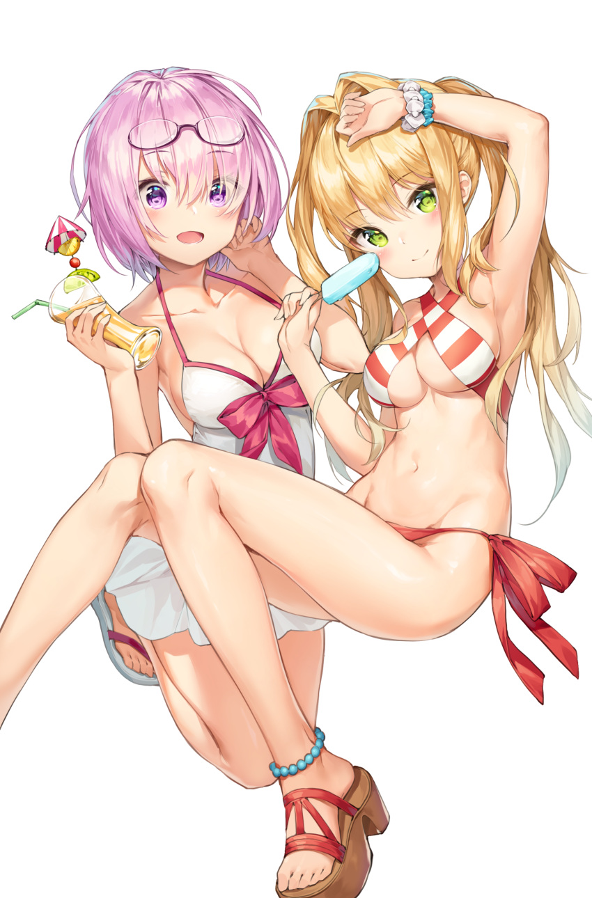 2girls absurdres ahoge anklet bare_legs bare_shoulders bead_bracelet beads bikini black-framed_eyewear blonde_hair bracelet breasts cleavage closed_mouth collarbone commentary criss-cross_halter cup dress drink drinking_glass drinking_straw eyebrows_visible_through_hair eyes_visible_through_hair eyewear_on_head fate/grand_order fate_(series) food glasses green_eyes hair_intakes hair_over_one_eye halter_top halterneck highres holding holding_food jewelry lavender_hair looking_at_viewer mash_kyrielight mokew multiple_girls navel nero_claudius_(fate) nero_claudius_(fate)_(all) nero_claudius_(swimsuit_caster)_(fate) open_mouth popsicle red_bikini sandals short_hair side-tie_bikini smile striped striped_bikini swimsuit twintails violet_eyes white_dress