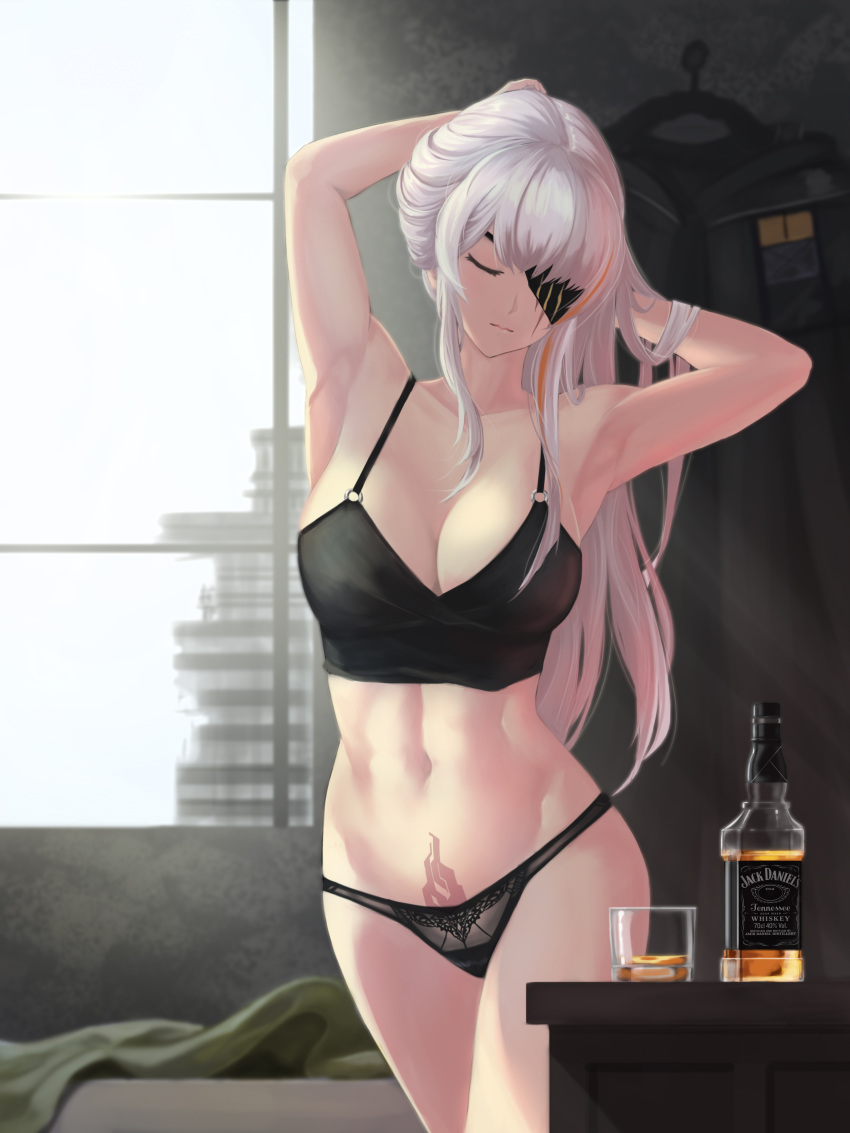 1girl absurdres alcohol armpits arms_up bangs bare_arms bare_shoulders bed black_coat black_panties blanket bottle breasts building camisole cleavage closed_eyes closed_mouth coat coat_removed collarbone cowboy_shot cup day drinking_glass eyepatch facing_viewer girls_frontline hairdressing head_tilt highres indoors jack_daniel's large_breasts light_smile m16a1_(girls_frontline) multicolored_hair navel one_eye_covered orange_hair panties pubic_hair silver_hair solo stomach streaked_hair table toned un_lim underwear underwear_only whiskey window