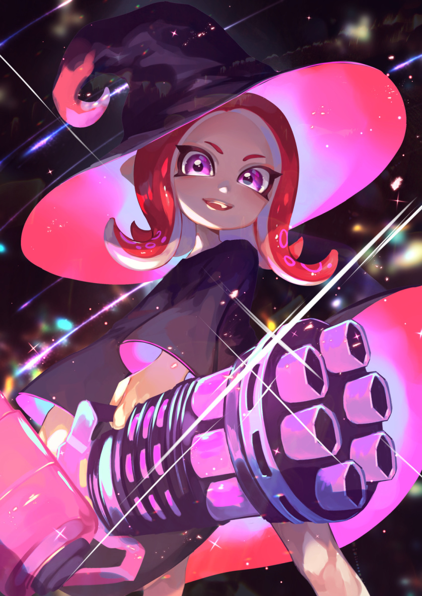 1girl :d black_dress black_hat dress glint hat heavy_splatling_(splatoon) highres holding legs_apart long_hair long_sleeves looking_at_viewer octarian octoling open_mouth redhead smile solo sparkle splatoon_(series) standing tentacle_hair wizard_hat yamagishi_chihiro