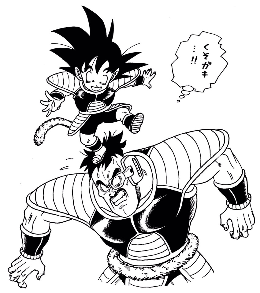 2boys :d armor arms_at_sides black_eyes black_hair clenched_teeth dragon_ball dragon_ball_super_broly facial_hair fingernails frown height_difference highres lee_(dragon_garou) looking_at_another looking_down looking_up male_focus monochrome multiple_boys mustache nappa nervous open_mouth outstretched_arms scouter short_hair simple_background smile son_gokuu spiky_hair standing standing_on_one_leg standing_on_person sweatdrop tail teeth thought_bubble translation_request upper_body white_background younger