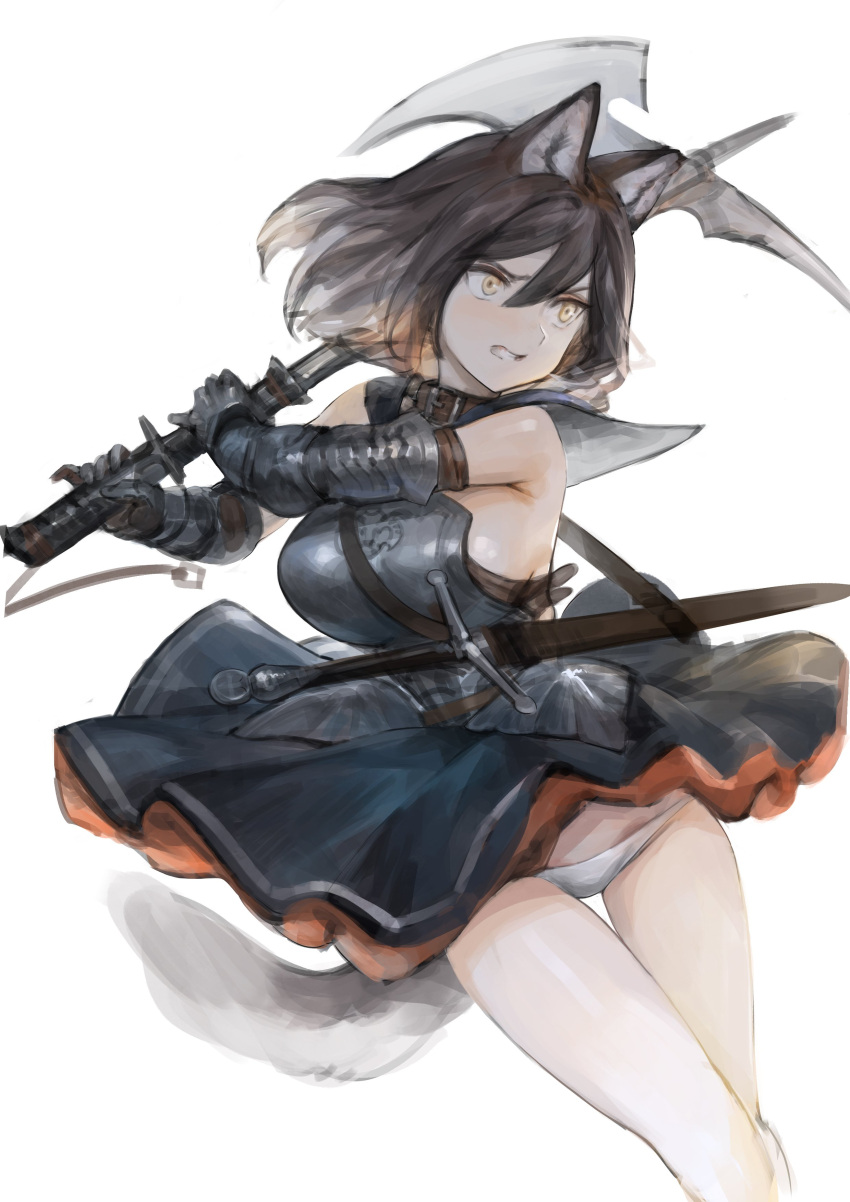 1girl absurdres animal_ears armor armored_dress axe bare_legs bare_thighs black_hair breasts collar dokshuri elbow_gloves feet_out_of_frame fox_ears fox_tail gauntlets gloves grimace hair_between_eyes highres holding holding_axe large_breasts long_hair original panties sheath sheathed simple_background solo sword tail underwear weapon white_background white_panties