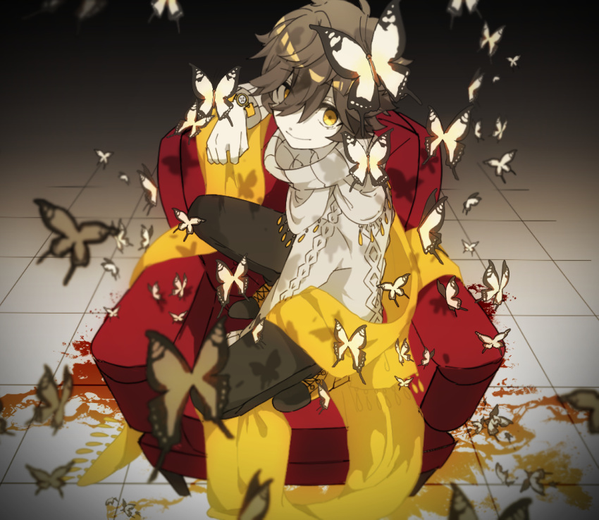 1boy aran_sweater black_hair black_pants bug butterfly chair eiku eyebrows_visible_through_hair full_body hair_between_eyes insect looking_at_viewer male_focus original paint_splatter pants shoes smile solo squatting sweater watch watch yellow_eyes