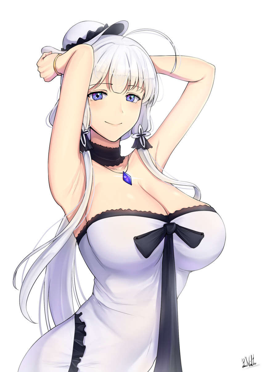 1girl absurdres ahoge armpits arms_behind_head artist_name azur_lane band-width blue_eyes breasts choker cleavage closed_mouth collarbone dress eyebrows_visible_through_hair hair_ribbon hat highres illustrious_(azur_lane) large_breasts looking_at_viewer low_twintails ribbon sidelocks signature simple_background smile solo strapless strapless_dress sun_hat tress_ribbon tri_tails twintails white_background white_dress white_hair white_hat