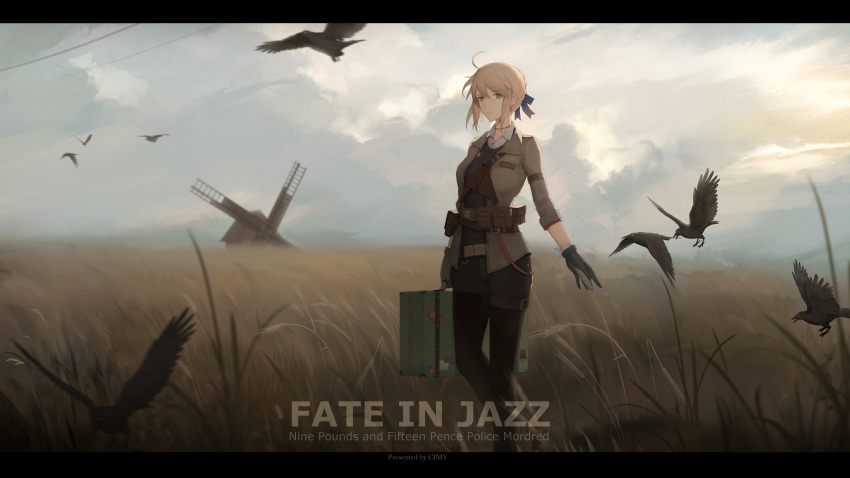 1girl absurdres ahoge alternate_costume artoria_pendragon_(all) belt bird blonde_hair blue_sweater brown_pants cjmy clouds cloudy_sky collared_shirt commentary crow english_commentary fate/grand_order fate_(series) field gloves grass green_eyes hair_bun hair_ribbon highres holster jacket open_clothes open_collar open_jacket outdoors pants ribbon royal_air_force saber shirt sky solo suitcase sweater thigh_strap title utility_belt windmill