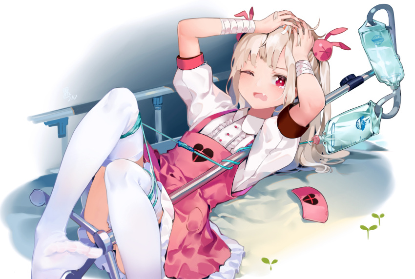 &gt;_&lt; 1girl apron armband arms_up bangs bed between_legs blush bunny_hair_ornament center_frills collared_shirt commentary_request eyebrows_behind_hair fang frills hair_ornament hands_on_own_head hat hat_removed head_bump headwear_removed heart highres hospital_bed intravenous_drip light_brown_hair long_hair lying natori_sana no_shoes nurse_cap on_back one_eye_closed open_mouth pink_apron pink_hat pleated_skirt puffy_short_sleeves puffy_sleeves red_eyes sana_channel shirt short_sleeves skirt soles solo tears thigh-highs two_side_up very_long_hair virtual_youtuber white_legwear white_shirt white_skirt yamano_(yamanoh)
