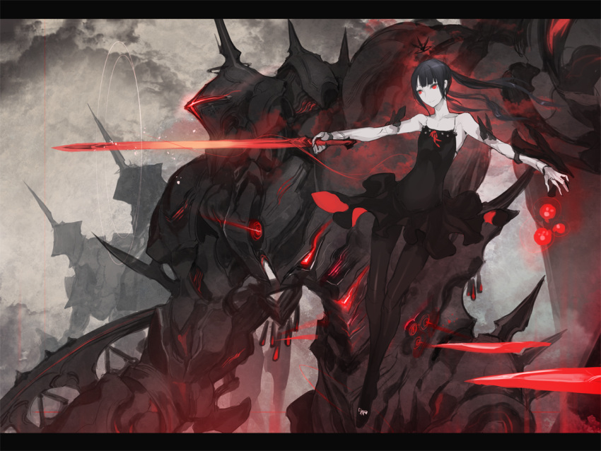 1girl black_dress black_footwear black_hair black_legwear breasts dress full_body grey_sky holding holding_sword holding_weapon ishinarimaru_shouten long_hair mecha outdoors pale_skin pantyhose pixiv_fantasia_last_saga red_eyes small_breasts solo standing sword twintails weapon