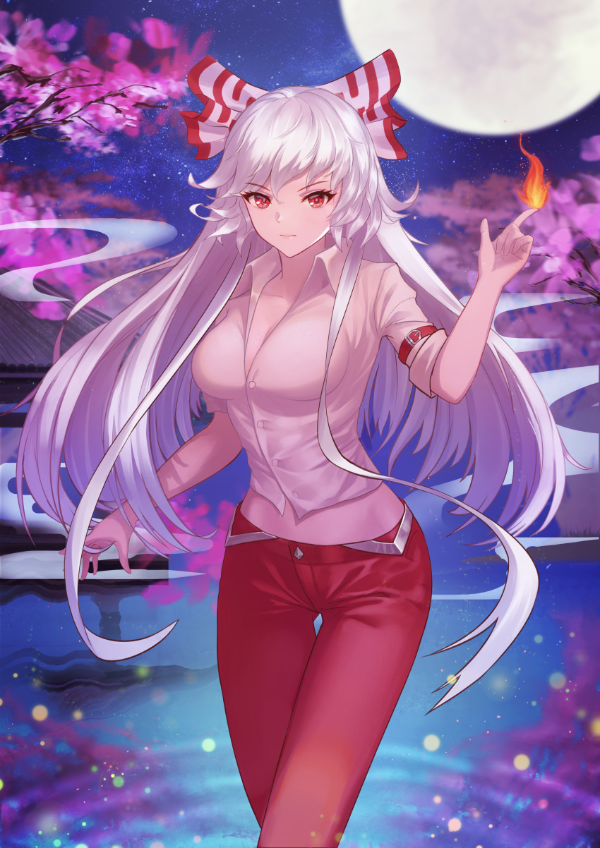 122_(misun) 1girl absurdres architecture arm_strap bow breasts cherry_blossoms cleavage collarbone east_asian_architecture fire fujiwara_no_mokou full_moon hair_bow highres large_breasts long_hair looking_at_viewer midriff moon night night_sky pants red_eyes red_pants shirt sidelocks silver_hair sky solo thigh_gap touhou tree water white_shirt