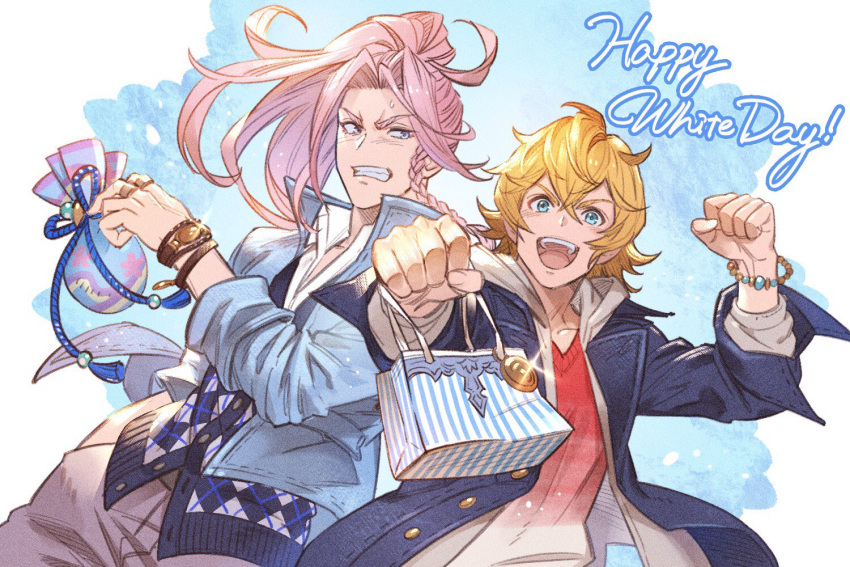 2boys ;d blonde_hair blue_eyes braid feather_(granblue_fantasy) gift granblue_fantasy holding holding_gift long_hair looking_at_another multiple_boys one_eye_closed open_mouth ponytail randall_(granblue_fantasy) smile white_day