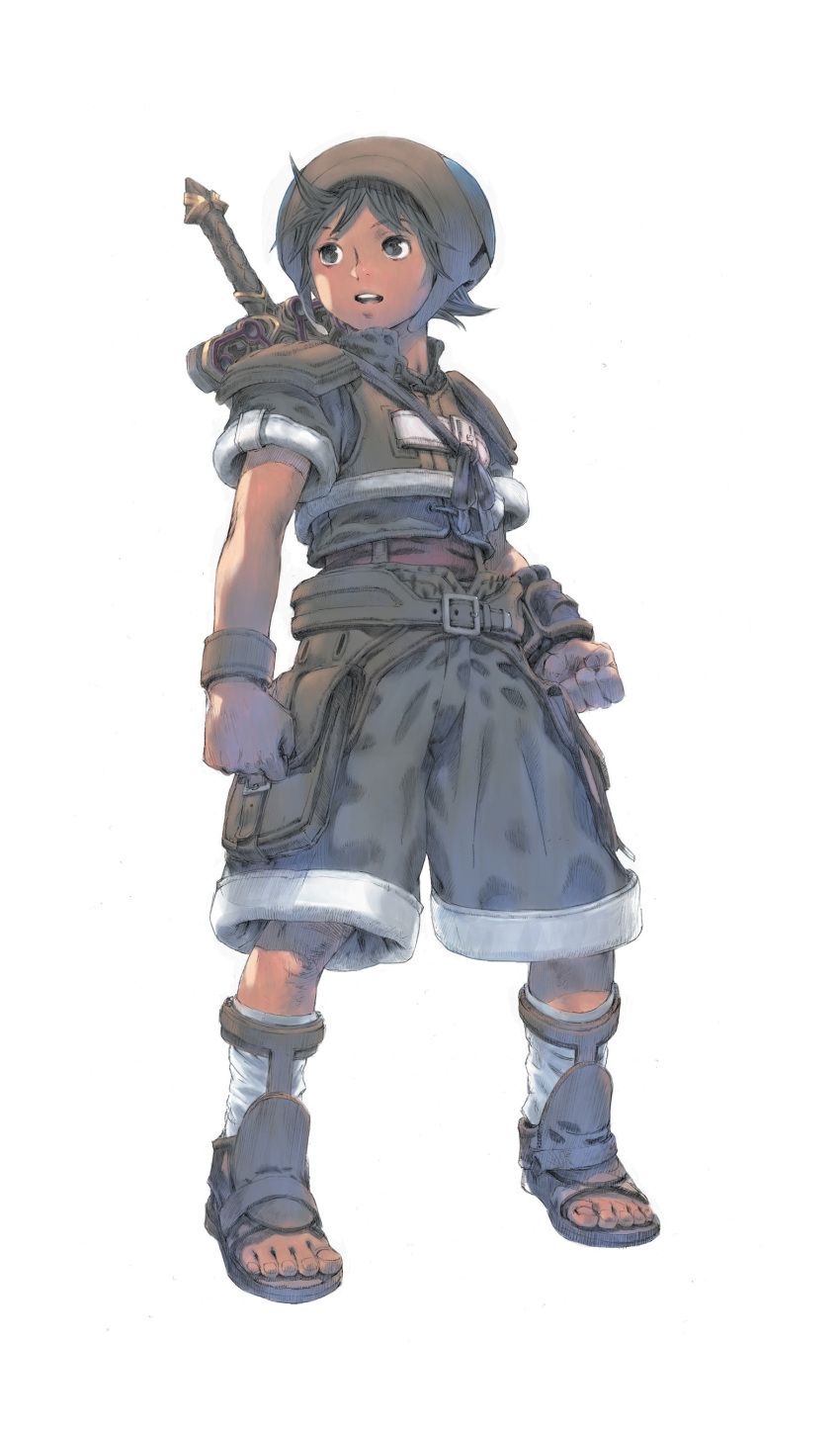 absurdres belt belt_pouch black_eyes black_hair brave_story brave_story:_aratanaru_tabibito clenched_hands crop_top feet hat highres male official_art open_mouth sandals shorts simple_background socks solo sword tatsuya weapon wristband yasuda_akira