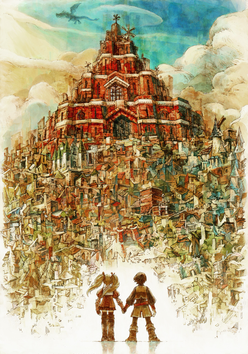blonde_hair boots bridge brown_hair castle church cityscape cloud clouds dragon gauntlets hand_holding highres holding_hands jack_russell miniskirt mushroom painting pantyhose radiata_stories red_ribbon reflection ribbon ridley_silverlake scenery shorts skirt telescope thigh-highs thighhighs tree twintails vest windmill