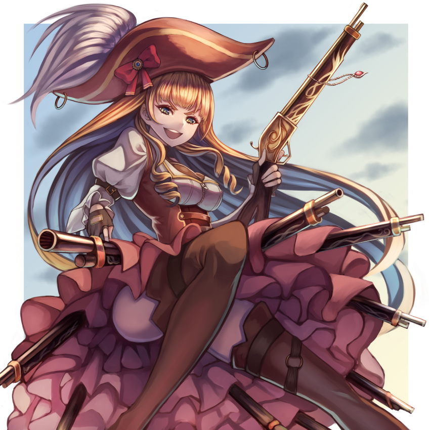 1girl bicorne black_gloves black_legwear blonde_hair bow breasts dress gloves gun hat highres holding holding_weapon hrtyuk jewelry juliet_sleeves long_hair long_sleeves necklace open_mouth original pirate puffy_sleeves rifle solo thigh-highs very_long_hair weapon yellow_eyes
