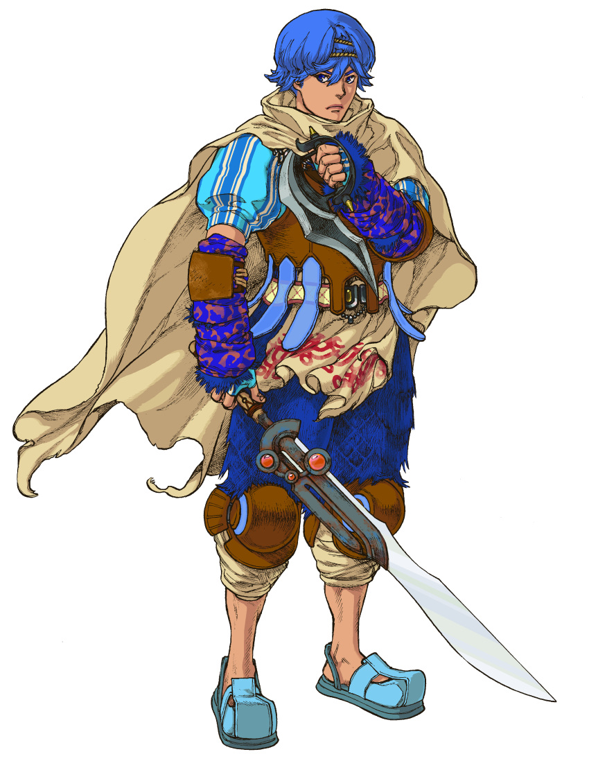 armor baten_kaitos blue_eyes blue_hair cape dagger highres kalas official_art sword weapon