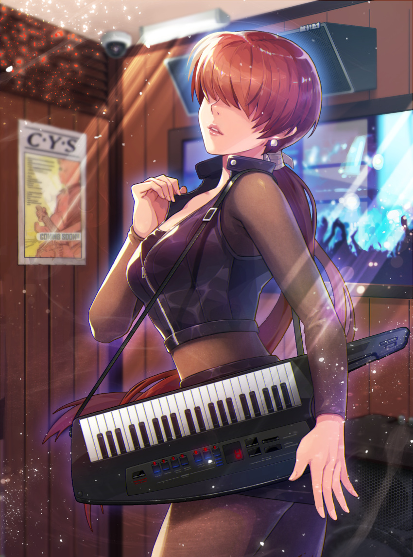 1girl alternate_costume bodystocking bodysuit breasts brown_hair commentary_request earrings hair_over_eyes hair_ribbon highres instrument jewelry keytar lips long_hair looking_at_viewer low_ponytail medium_breasts midriff miniskirt nose puyon_(puyon) ribbon sheer_bodysuit shermie skirt solo sparkle split_ponytail strap studio the_king_of_fighters very_long_hair