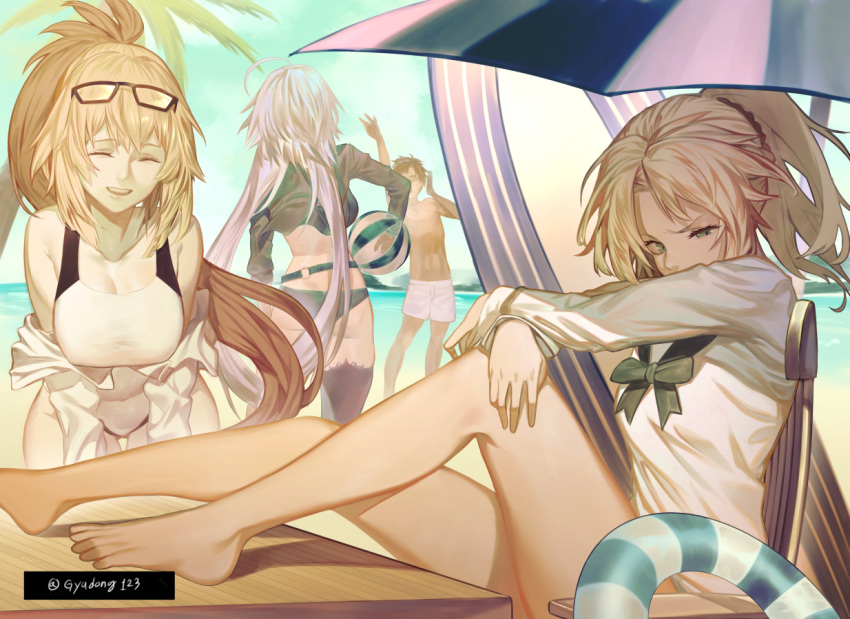 1boy 3girls @ arms_on_knees artist_name ass ball bangs bare_legs bare_shoulders barefoot beach beachball bent_over bikini black_bikini black_jacket black_thighhighs blonde-hair blonde_hair braid breasts brown_hair collarbone commentary_request eyewear_on_head fate/grand_order fate_(series) from_behind fujimaru_ritsuka_(male) glasses gyudong123 hair hair_between_eyes hair_ornament hair_scrunchie holding_beachball jacket jeanne_d'arc_(alter)_(fate) jeanne_d'arc_(fate) jeanne_d'arc_(fate)_(all) large_breasts long_bangs long_hair long_sleeves looking_at_another looking_down mordred_(fate) mordred_(fate)_(all) multiple_girls navel outdoors palm_tree red_scrunchie scrunchie shirt short_hair sitting smile standing surfboard swimsuit thigh-highs thighs topless topless_male tree umbrella water white_bikini white_hair white_shirt