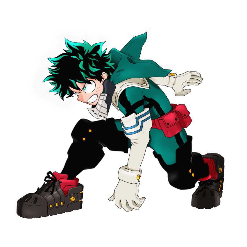 1boy absurdres belt_pouch bodysuit boku_no_hero_academia clenched_teeth commentary derivative_work elbow_gloves fighting_stance freckles gloves green_bodysuit green_eyes green_hair highres hood hood_down huge_filesize kneeling male_focus midoriya_izuku neil_paterson pouch red_footwear solo spiky_hair teeth white_background white_gloves