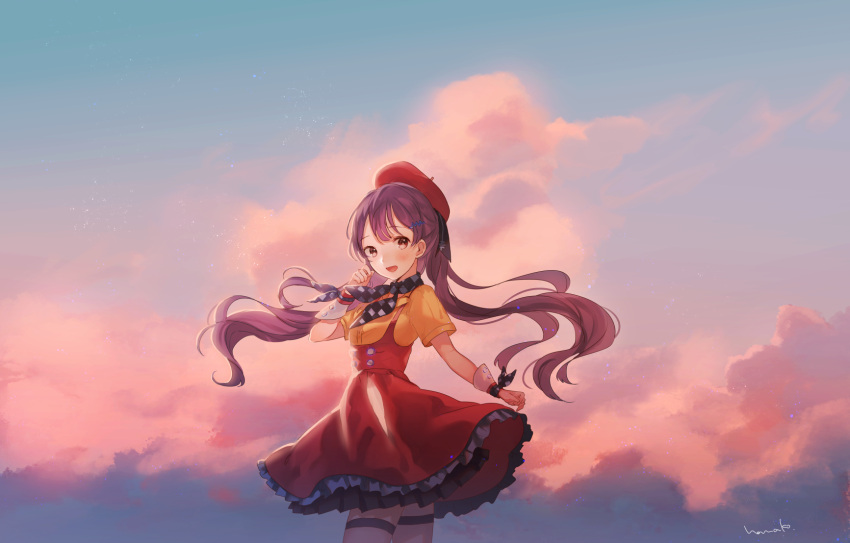 1girl :d black_ribbon blue_sky blush brown_eyes brown_hair checkered checkered_neckwear clouds cowboy_shot day dress_shirt floating_hair frilled_skirt frills from_side hair_ribbon hanako151 hat highres layered_skirt long_hair looking_at_viewer open_mouth outdoors red_hat red_skirt ribbon shirt short_sleeves skirt sky smile solo standing suspender_skirt suspenders thigh_strap twintails very_long_hair vocaloid wrist_cuffs xin_hua yellow_shirt